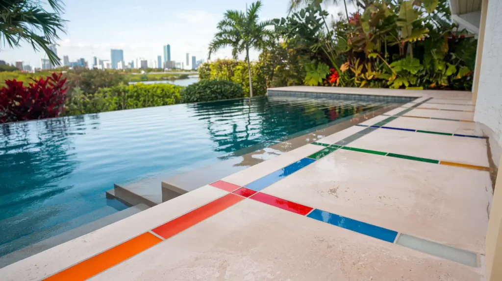 Infinity pool with colorful tile accents elegantly designed to overlook a city skyline, surrounded by tropical plants and palm trees, creating an ideal residential swimming pool oasis.