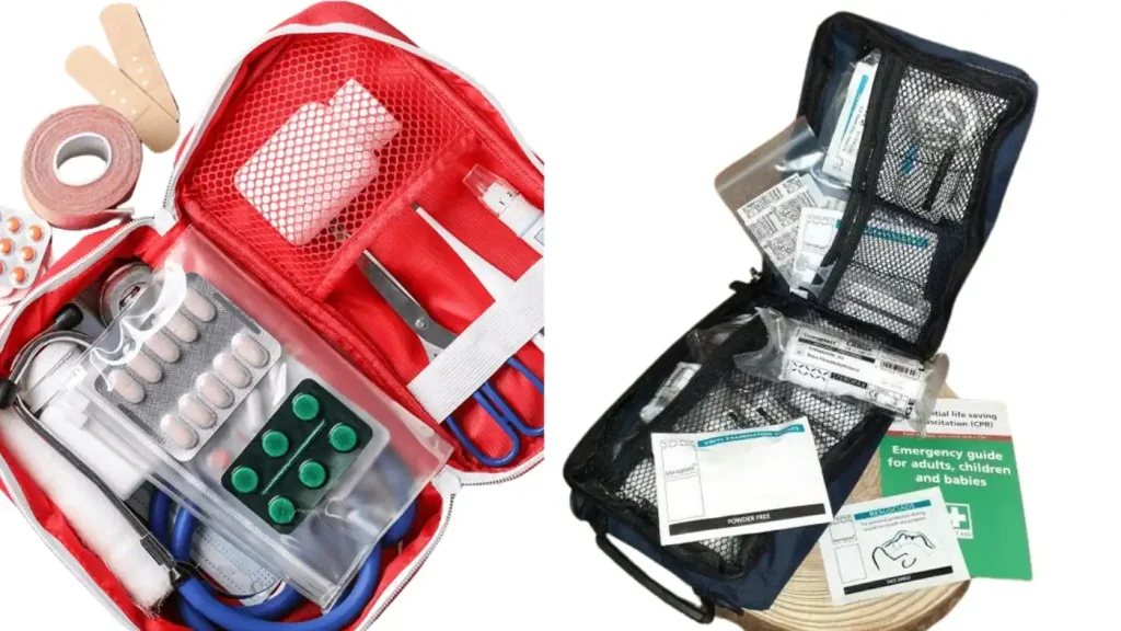 First aid kits, a moving day must-have, come packed with essential medical supplies like bandages, scissors, and medications, all displayed open for easy access.