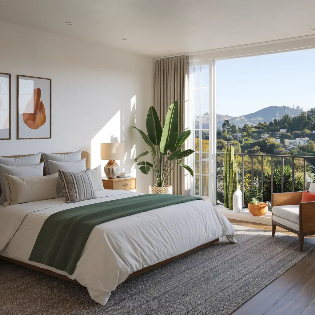 A bright bedroom with a large bed, best fake plants adding a touch of greenery, and open balcony doors revealing a scenic hillside view.
