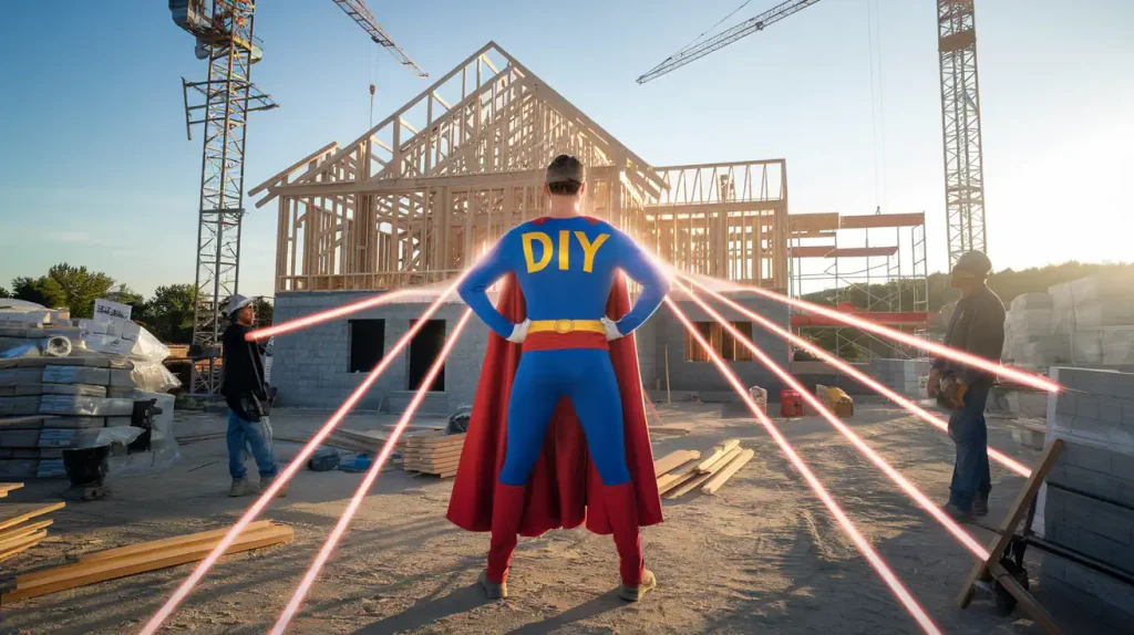 A superhero in a DIY costume stands at a construction site with beams of light, overseeing workers and building progress, embodying the spirit of DIY home design.