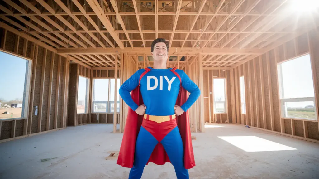In a wooden-framed, unfinished room, a person in a DIY superhero costume stands confidently, embodying the spirit of DIY home design.