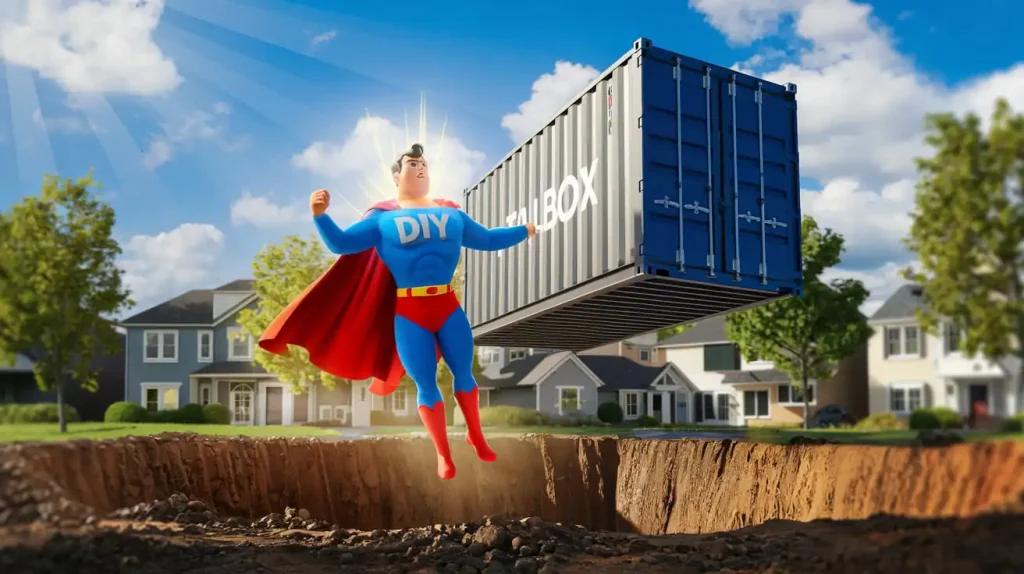 In a suburban neighborhood with a large hole, our superhero in a DIY costume flawlessly lifts a shipping container, as if each action was part of the "Design Your Own Home" blueprint.