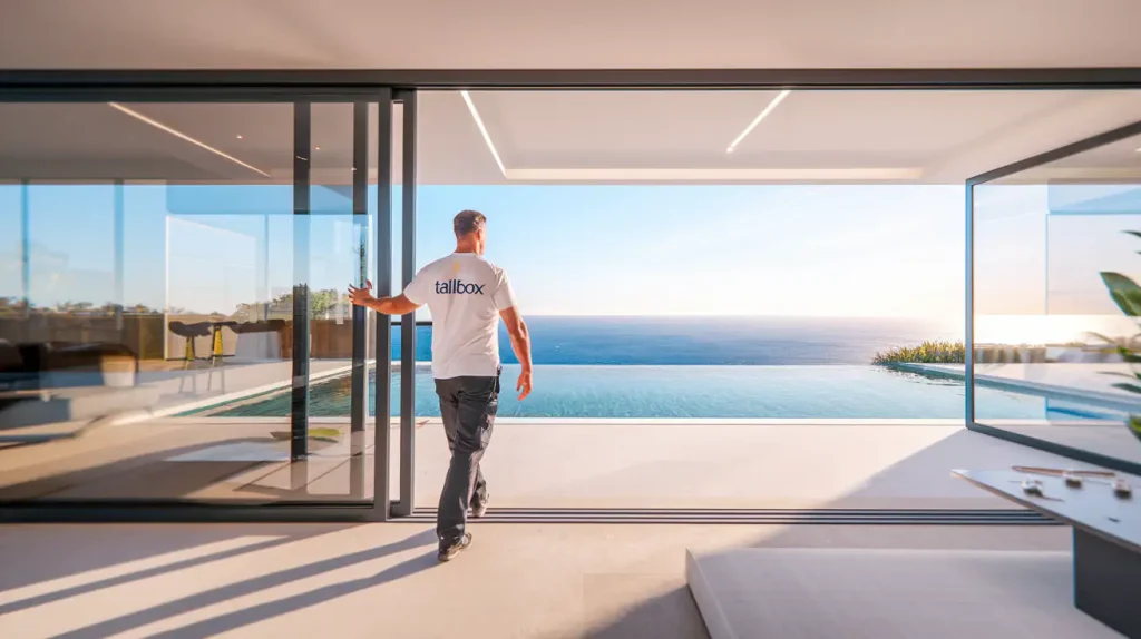 A person in a white shirt walks toward an open patio, where strategic window placement frames a pool and ocean view under the clear blue sky.
