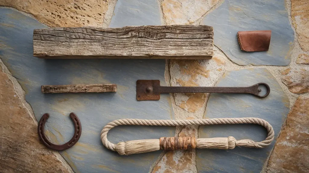 Rustic objects on stone: wooden beams, leather patch, and metal pieces showcase classic barnhouse design. A horseshoe, hook, and coiled rope rest elegantly on the tiled surface, capturing the essence of barnhouse architecture.