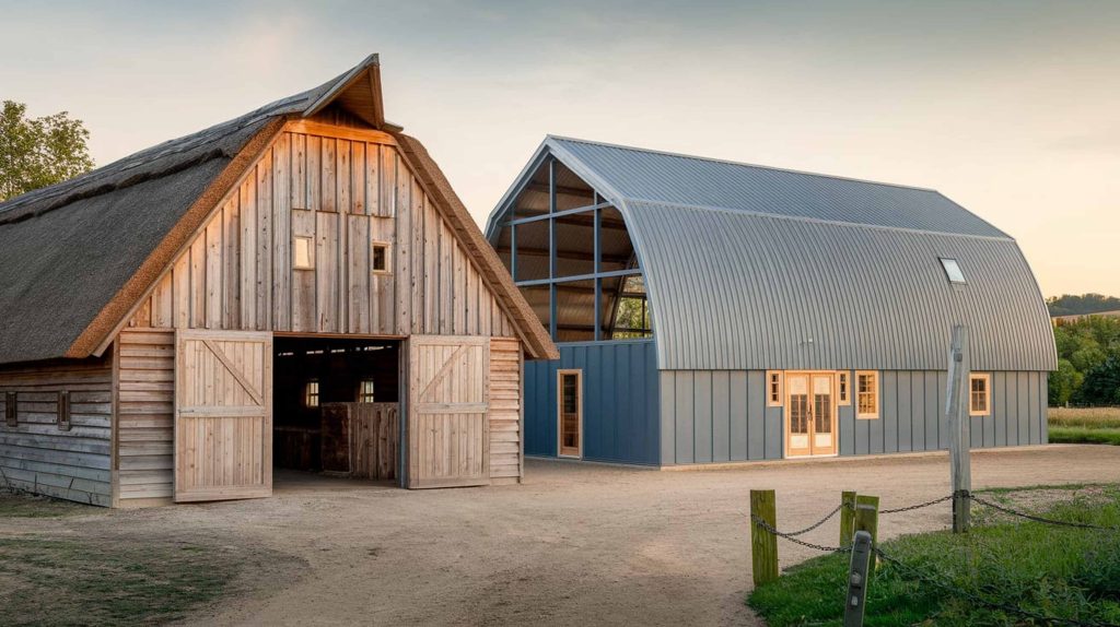 A rustic wooden barn alongside a sleek modern metal one, exemplifying the charming Barnhouse style on a farm under a clear sky, showcases an exquisite blend of architectural design.