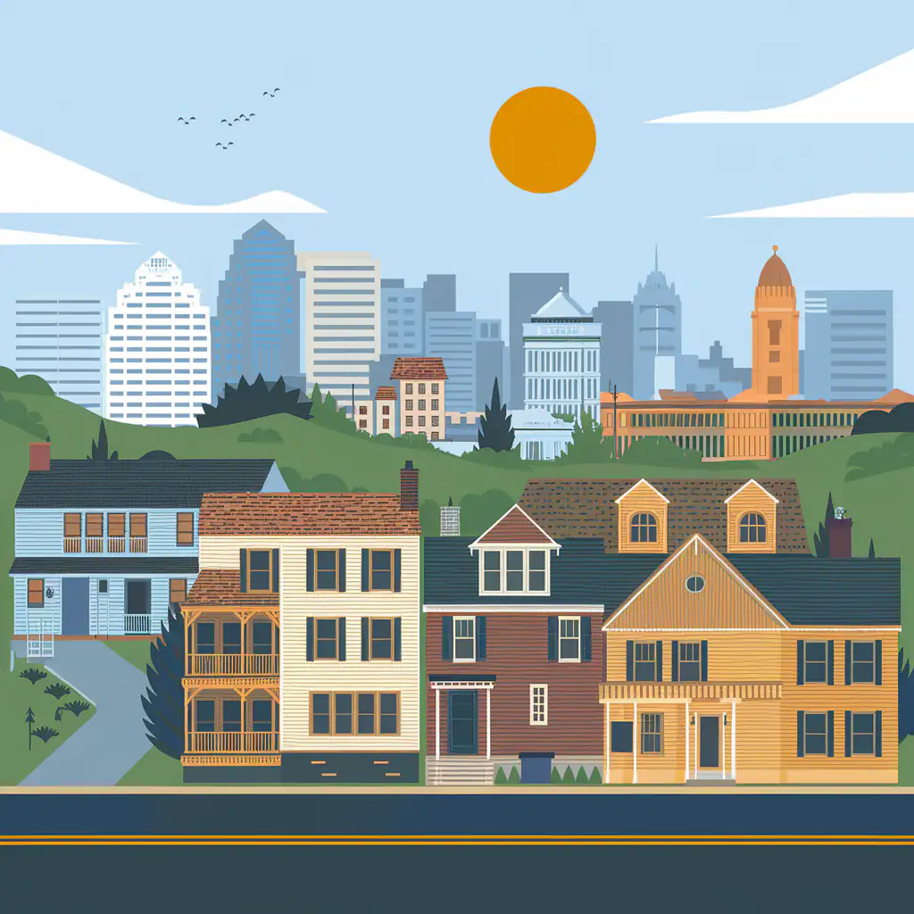 Illustration of suburban houses in East PA with a city skyline in the background under a sunny sky, highlighting good places to invest money.