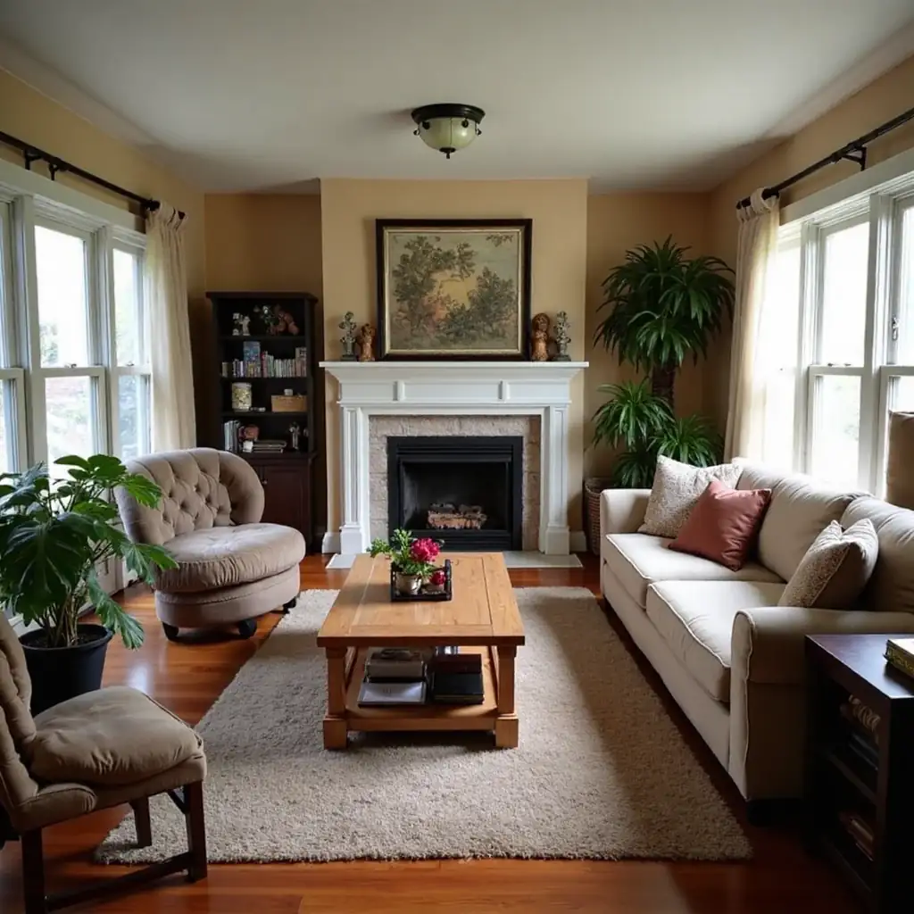 The cozy living room, expertly staged for 2025 comforts, features a sofa, armchairs, and a fireplace. Large plants surround the coffee table on a plush rug as natural light floods the space. Every detail matters in creating this inviting atmosphere.