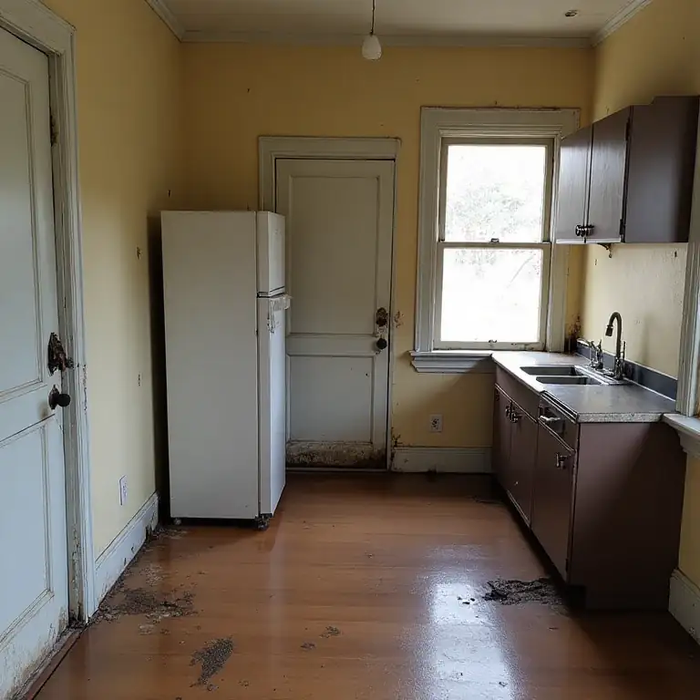 In the kitchen, set for 2025, a white fridge complements brown cabinets, a sink beneath the window, and peeling paint on yellow walls and floor. Proper staging matters here to showcase its potential amidst its rustic charm.