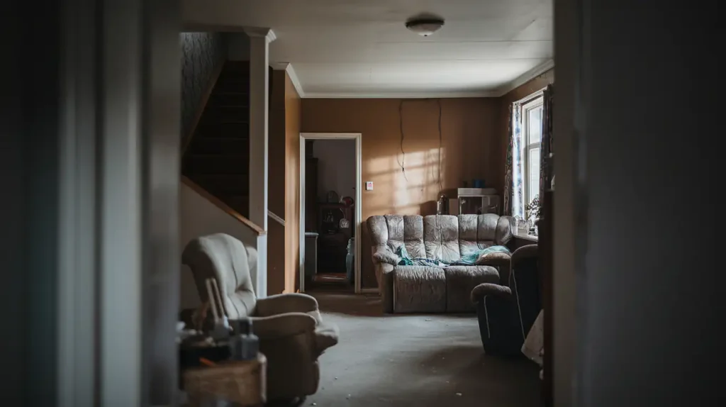 Cozy living room with tastefully staged armchairs, a sofa, and a wooden staircase; sunlight filters through a window, highlighting the importance of staging.