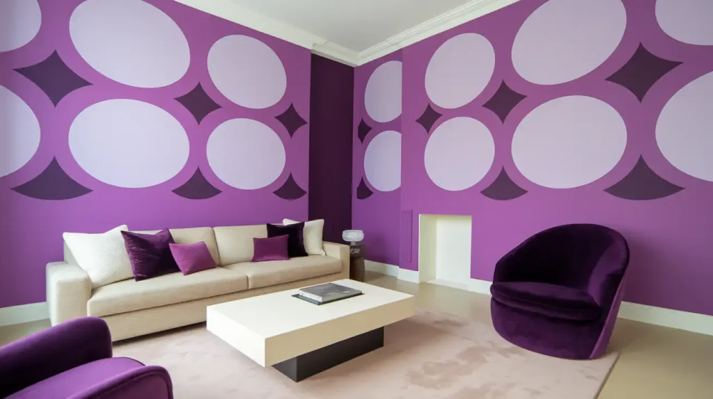 In 2025, staging matters in this living room, featuring purple circle-patterned walls, a cozy beige sofa, elegant purple chairs, and a sleek white coffee table.