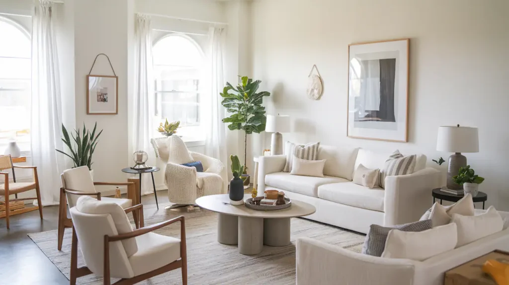 Experience the importance of staging in this bright living room, featuring white sofas, beige chairs, and a round coffee table. Large windows with sheer curtains welcome natural light, enhancing the inviting ambiance for 2025 and beyond.