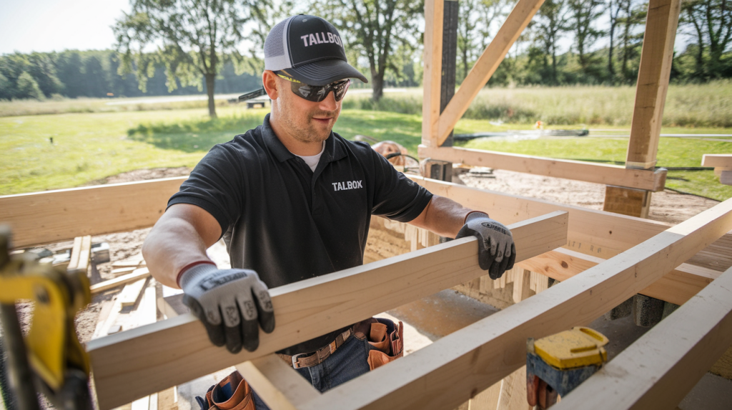 Man in black shirt and cap measures a wooden beam on a construction site, surrounded by trees and grass, as he envisions the design for an outdoor kitchen.