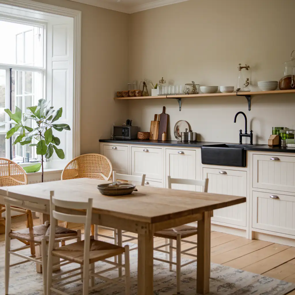 Cozy kitchen combining modern farmhouse vibes with a wooden dining table, chairs, and white cabinets. A large window and leafy plant brighten the room, blending rustic elements seamlessly.