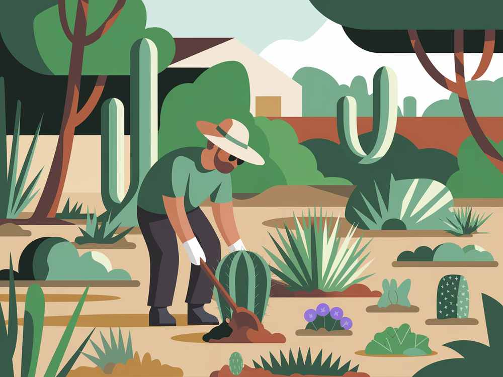 A person in a hat tends to their xeriscape garden in a desert landscape, surrounded by an array of resilient cacti and plants.