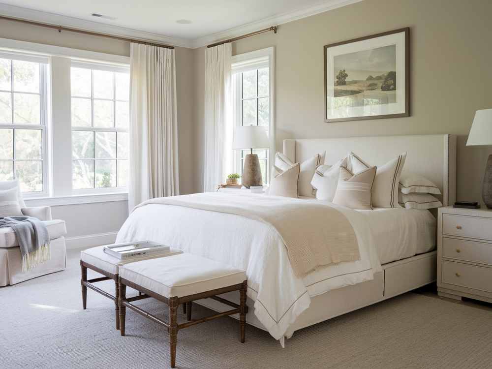 Bright guest bedroom with a large bed, white bedding, cushions, and a bench. Two windows with curtains enhance the room's charm, while a chair and framed artwork complete the space. Experience a luxury hotel-inspired haven of relaxation and elegance.