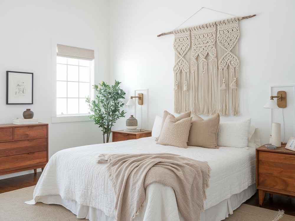 A minimalist bedroom layout features a macramé wall hanging, wooden furniture, a bed with white linens strategically placed for Feng Shui harmony, and a potted plant.