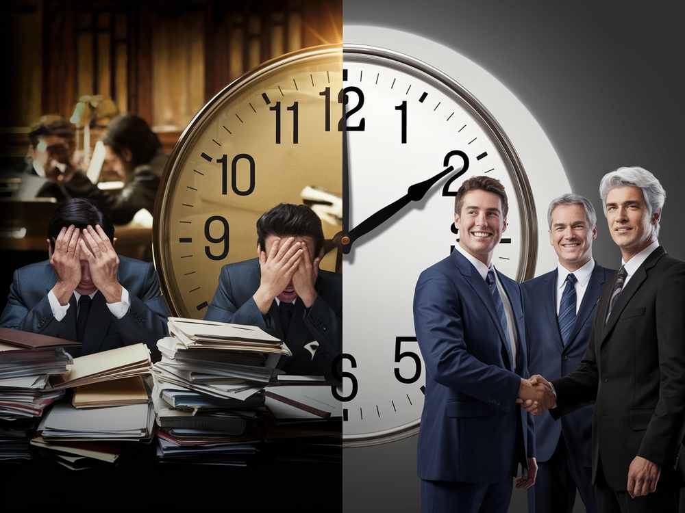 Split image: left shows stressed workers drowning in paperwork typical of traditional bank loans; right shows businessmen shaking hands, smiling—highlighting the stark difference offered by private credit solutions.
