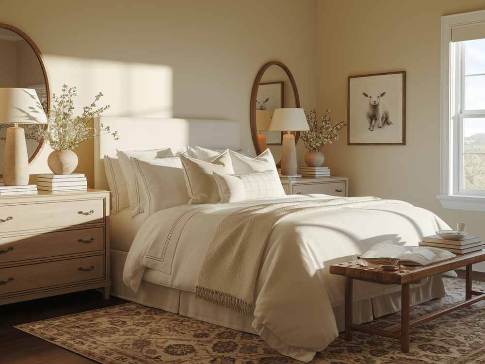 Cozy bedroom with a beige color scheme, wooden furniture, and round mirrors, thoughtfully arranged for optimal Feng Shui. Soft lighting streams through the window, enhancing the tranquil ambiance.