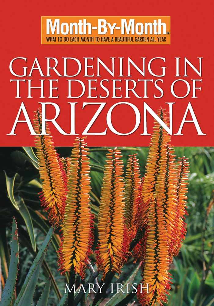 Book cover of "Gardening in the Deserts of Arizona" featuring vibrant desert flowers, a red background, and insights on xeriscaping techniques.