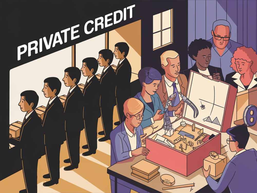 People exchanging boxes labeled "PRIVATE CREDIT" for technology and innovations from a large red box highlighted the difference from traditional bank loans.