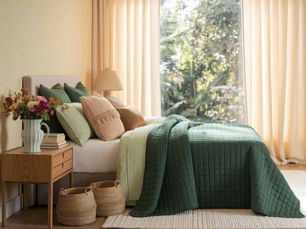 Cozy bedroom with a green quilted bedspread, pillows, and a well-thought-out Feng Shui layout. A bedside table sits by the large window, where sunlight gently filters in.