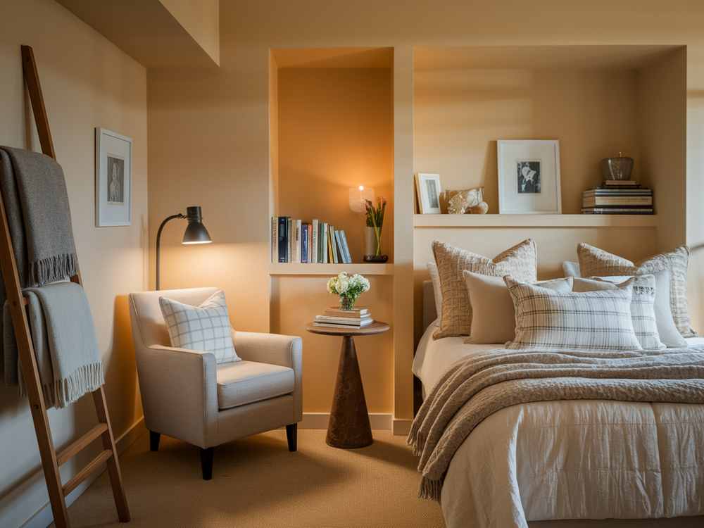 Cozy small guest bedroom with a beige armchair, floor lamp, bed adorned with pillows, and books. Art decorates the walls, while a small side table displays a plant—offering inspiring furniture ideas for creating an inviting retreat.
