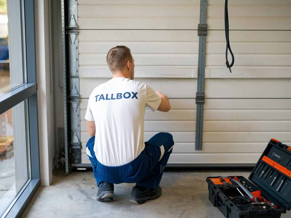 Man kneeling, sharing garage door tips while fixing a door in a workshop with tools scattered nearby.