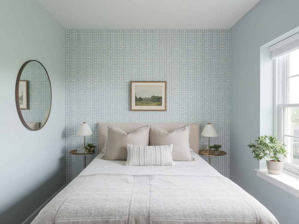 A minimalist guest bedroom features a double bed, blue-green wallpaper, and bedroom furniture ideas that include a round mirror and plants, all accentuated by a large window. Perfectly designed for small spaces with style in mind.