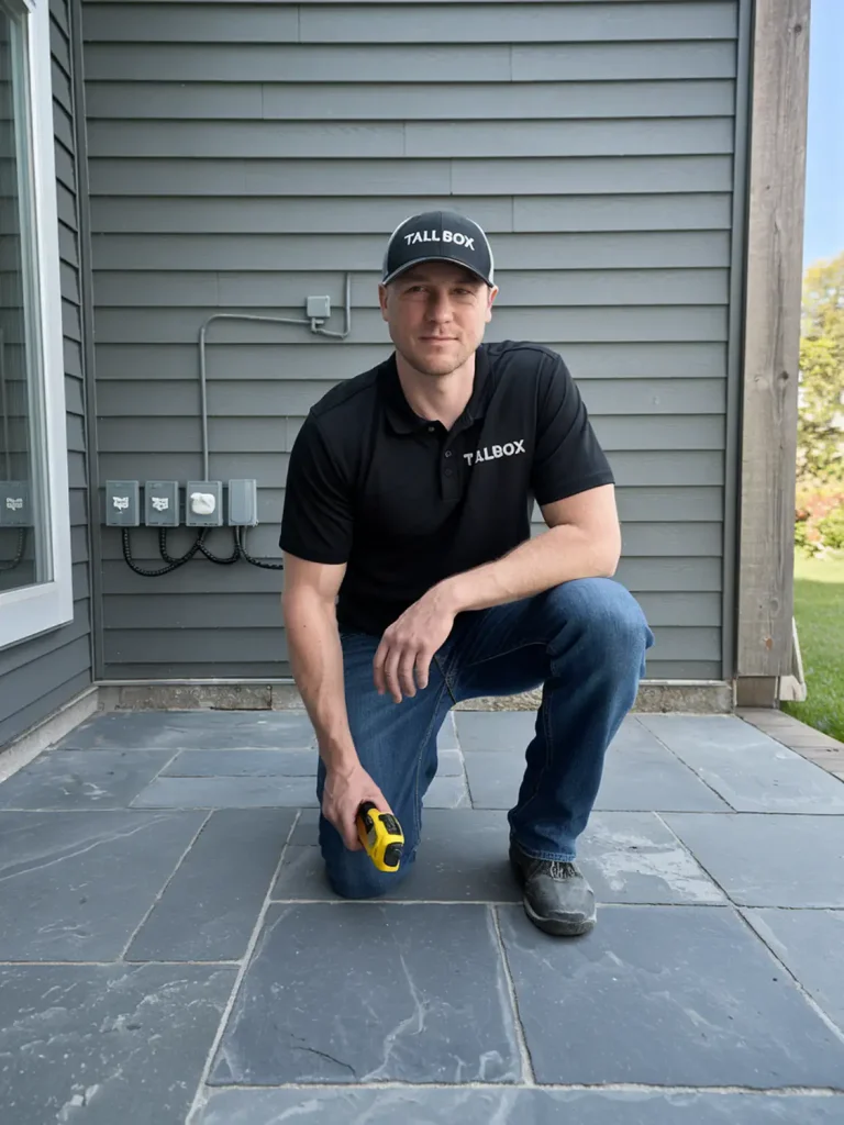 Person kneeling on patio, holding a measuring tape, wearing a black shirt and cap with "TALLBOX" logo, near a house. They're meticulously planning the build of an outdoor kitchen for seamless integration into the home's design.
