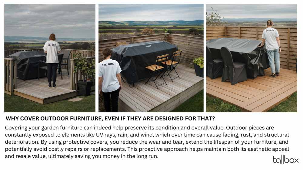 A person is covering outdoor furniture on a patio with a green tarp, set against a picturesque wooden deck and garden view. Consider incorporating spring garden lighting to enhance the ambiance and enjoy the perfect setting for upcoming gatherings.