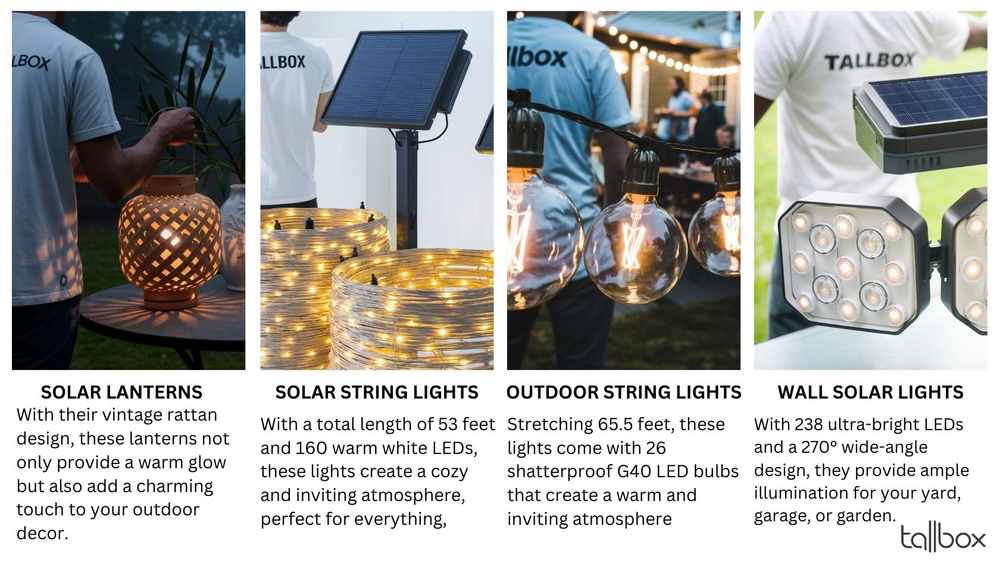 Explore inspiring 2025 spring garden lighting ideas with four enchanting images: charming lanterns, string lights draped on a tree, radiant globe string lights, and elegant wall-mounted fixtures. Illuminate your garden haven with these captivating outdoor solar solutions.