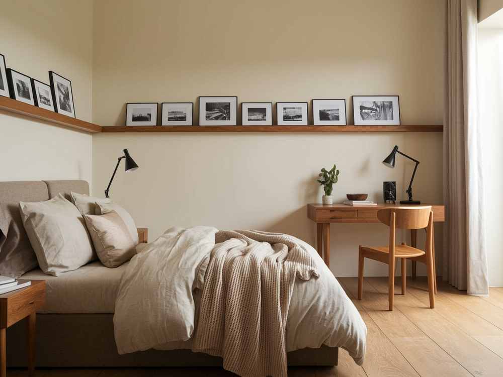 A minimalist small guest bedroom features beige bedding, framed photos on a shelf, and thoughtful furniture ideas like a small wooden desk and chair by the window.