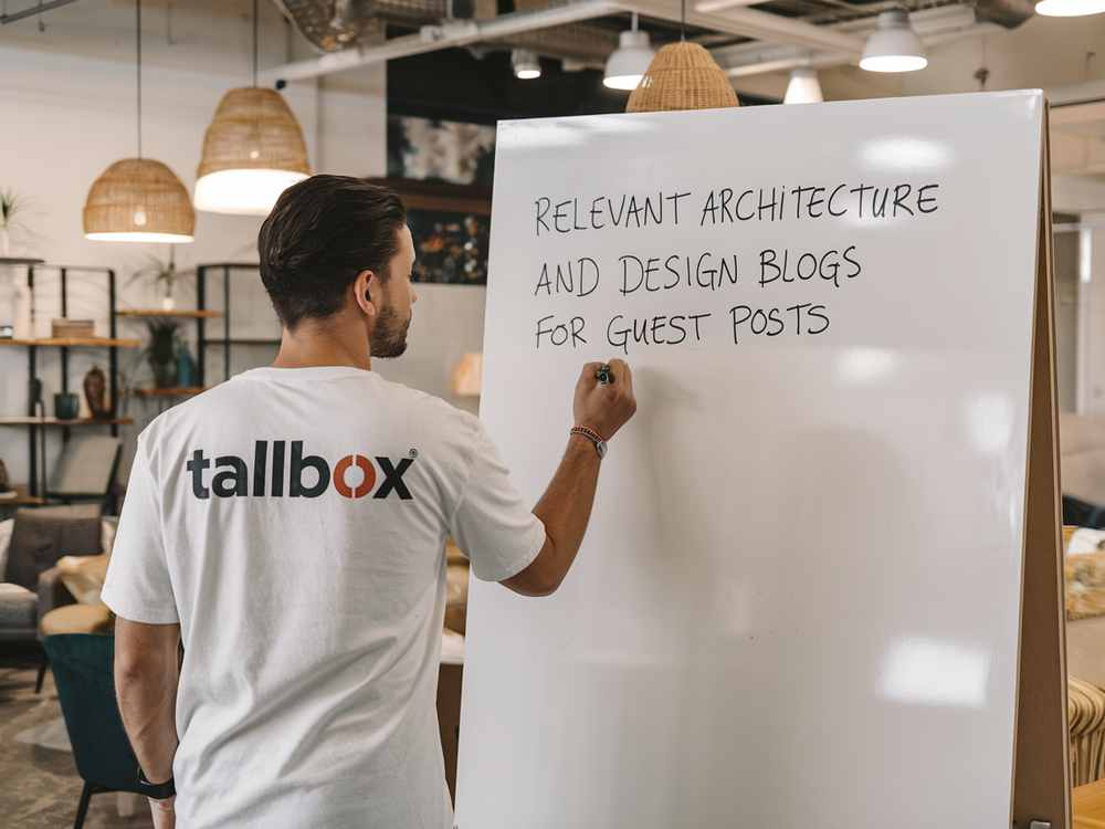 In a modern office, a person writes on a whiteboard adorned with the phrase "RELEVANT ARCHITECTURE AND DESIGN BLOGS FOR SEO GUEST POSTS," highlighting opportunities for architects to expand their reach.