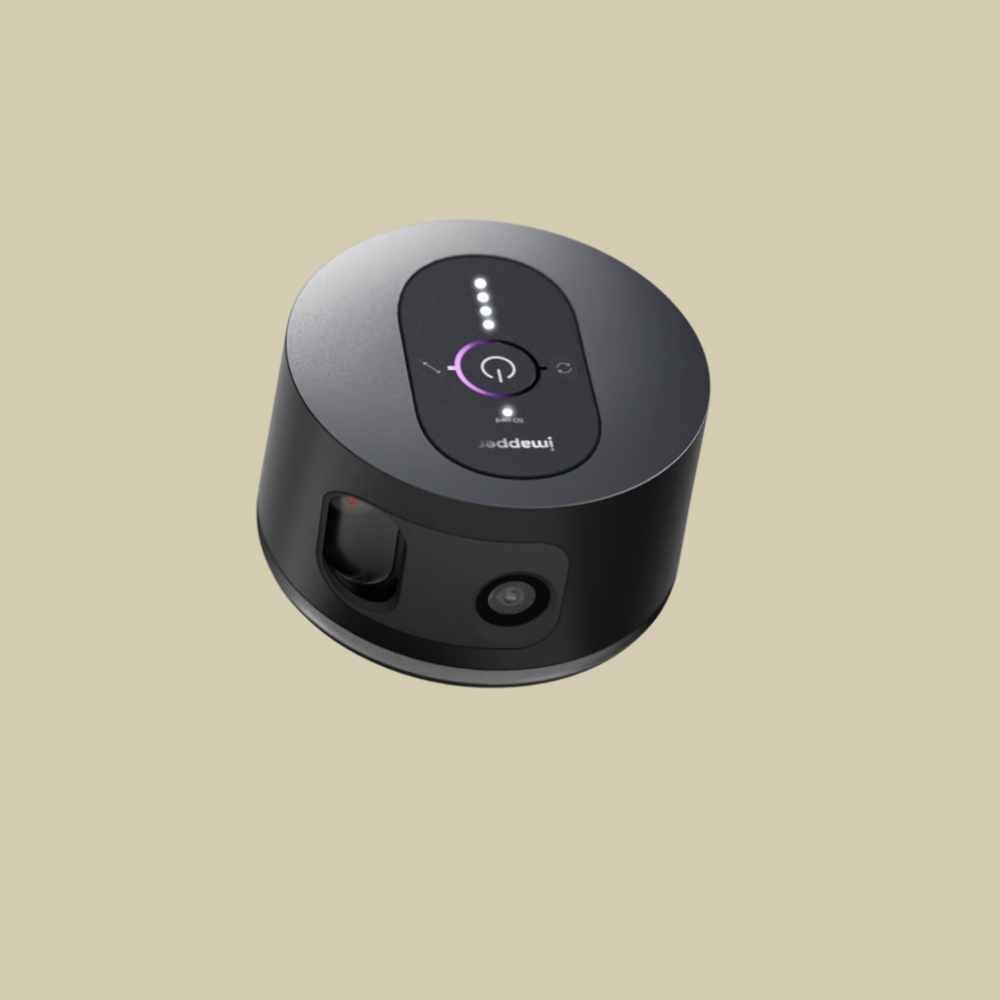 A sleek black smart home device featuring buttons and indicator lights on top, reminiscent of futuristic architecture, is set against a light beige background.