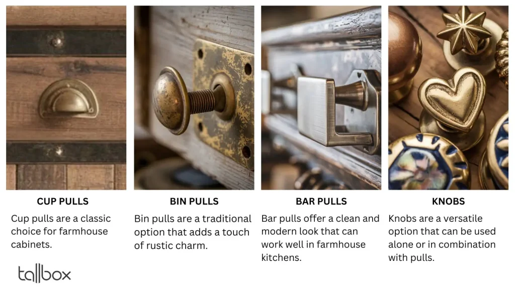 Close-up of four types of cabinet pulls—cup, bin, bar, and knobs—each combining rustic elements for modern farmhouse kitchens.