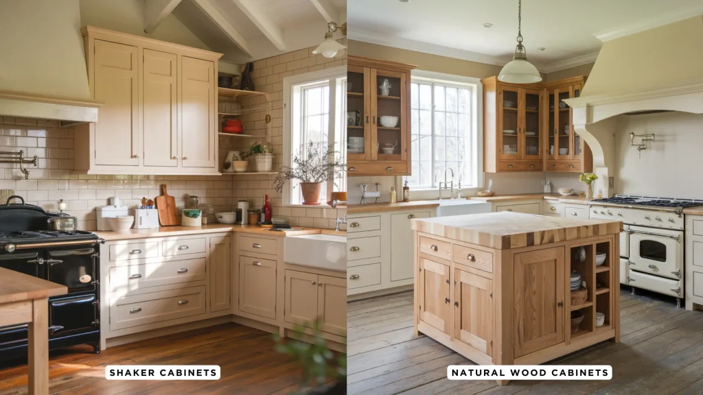 Split image of a kitchen seamlessly combining shaker cabinets on the left with rustic natural wood cabinets on the right, embodying modern farmhouse kitchens.