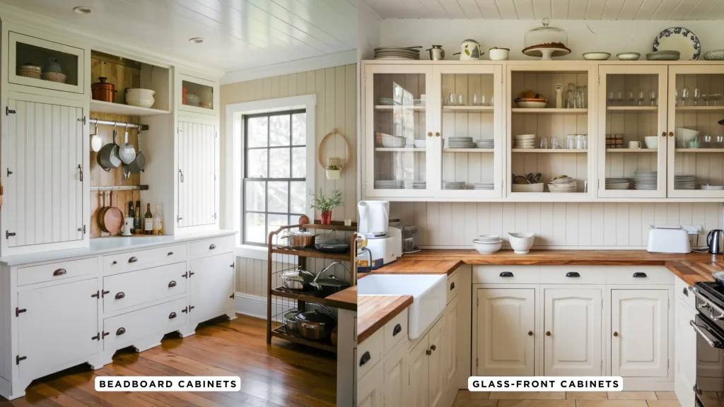 Left: Kitchen with beadboard cabinets and open shelving, blending rustic elements. Right: Modern farmhouse kitchen featuring glass-front cabinets and wood countertops.