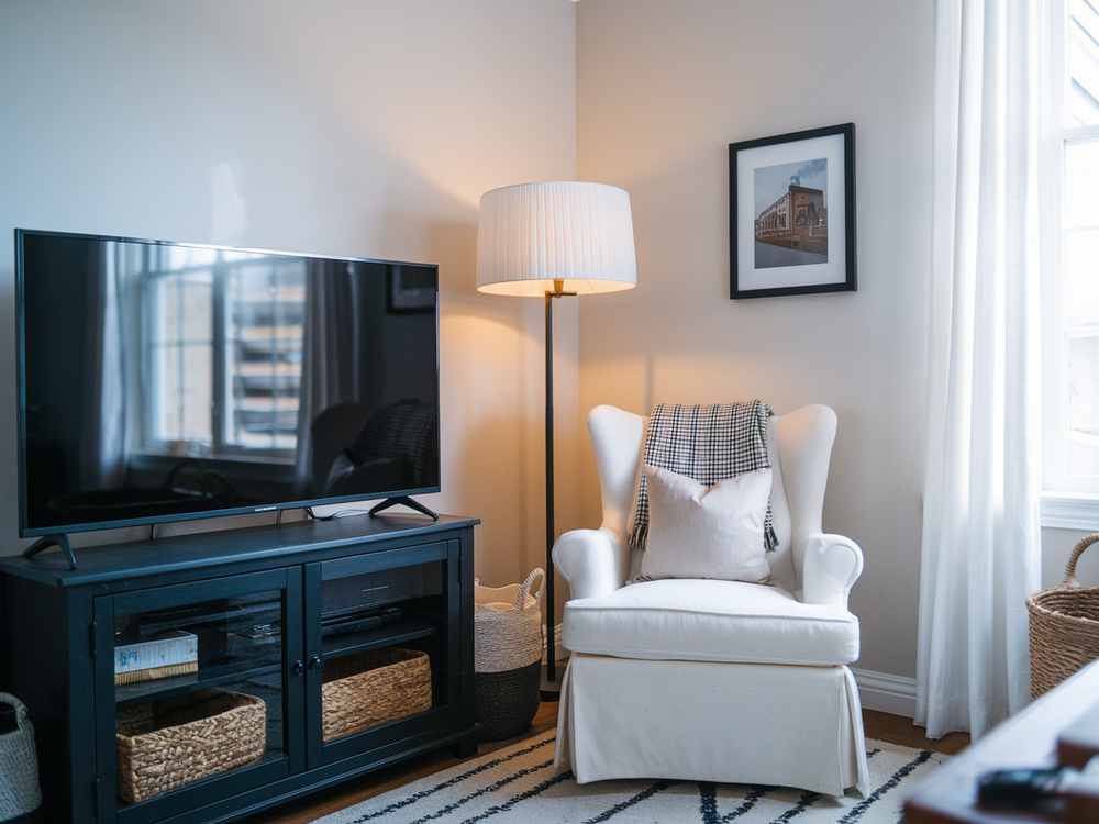 Cozy living room with a white armchair, floor lamp, TV, and framed picture on the wall, resembling a luxury hotel-inspired makeover. Baskets in the cabinet below the TV complete this inviting space.