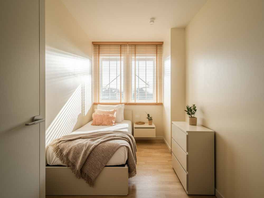 A minimalist small bedroom with a single bed, beige blanket, pillows, wooden blinds, dresser, and potted plants offers perfect guest bedroom furniture ideas.