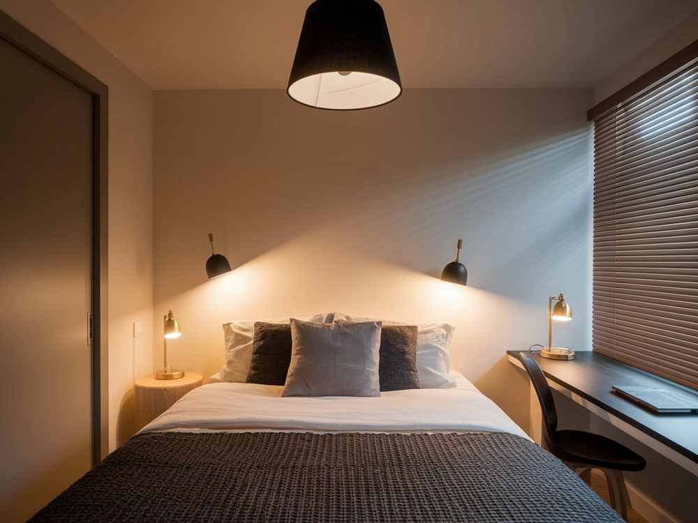 A cozy guest bedroom features a neatly made bed, bedside lamps, and a desk with a chair—perfect for small bedroom ideas. Blinds cover the window, offering privacy and comfort in this well-thought-out space.