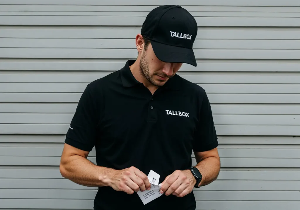 A person in a black polo and cap, both featuring the "TALLBOX" logo, presents a business card against a gray wall. Their confident stance reflects their expertise in design and the ability to build innovative solutions like outdoor kitchens.