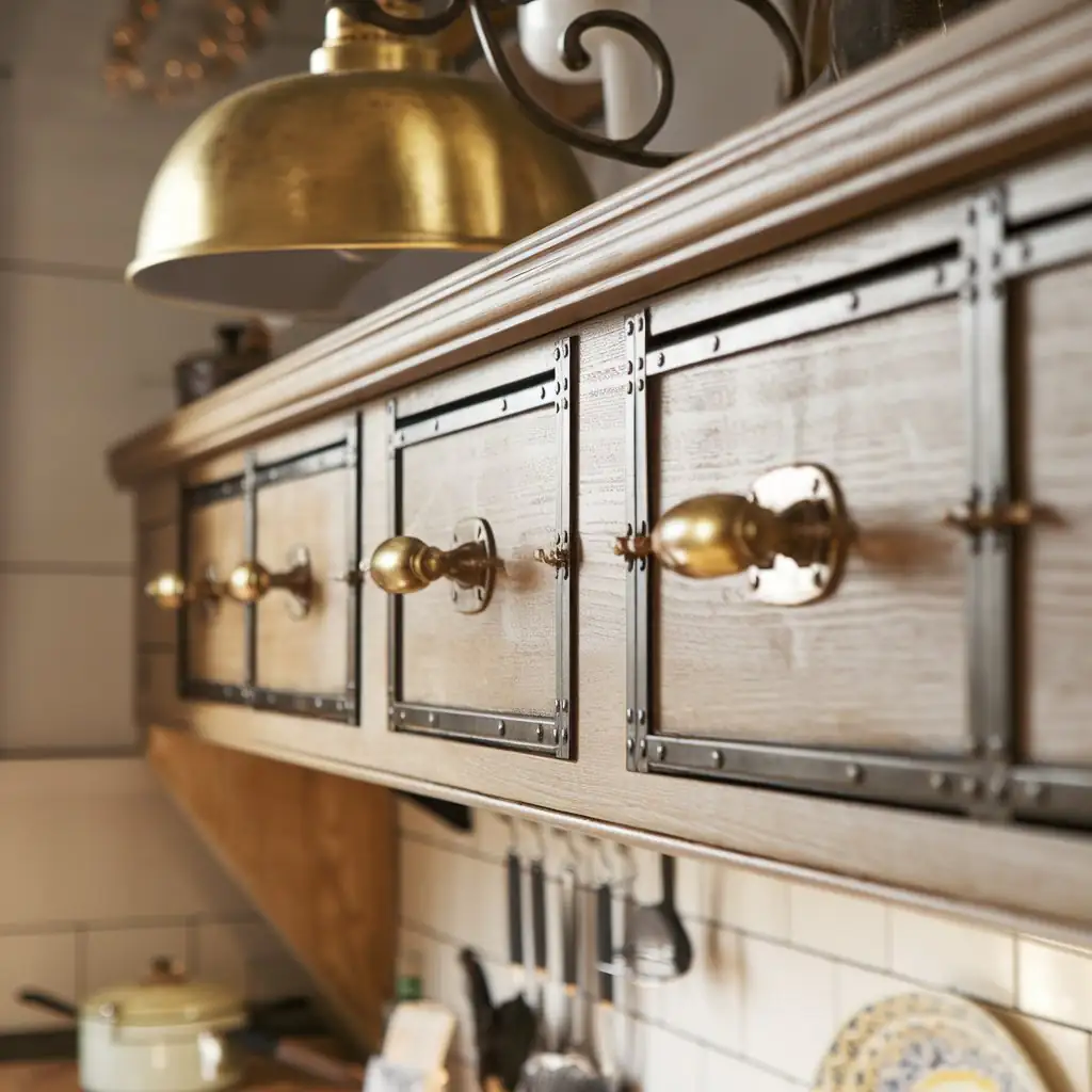 Close-up of rustic kitchen cabinets with brass handles, under a brass lamp, seamlessly combining modern farmhouse charm with rustic elements, while cooking utensils hang beneath.