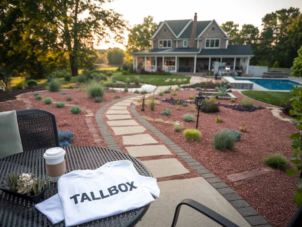 In a beautifully landscaped backyard scene, a large house with a pool and garden is showcased. A table in the foreground displays a "TALLBOX" shirt and a coffee cup, inviting you to relax amid this serene oasis of thoughtful xeriscape design.