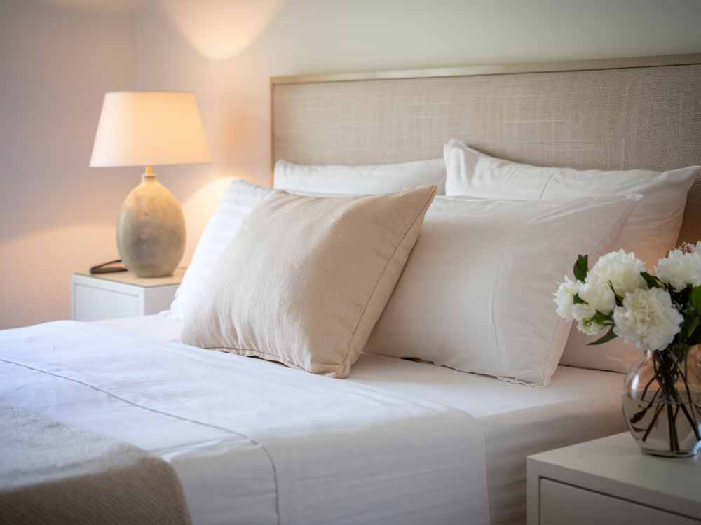 Luxury hotel-inspired, this cozy guest bedroom features a neatly made bed, soft pillows, a table lamp, and a vase of white flowers on the nightstand.