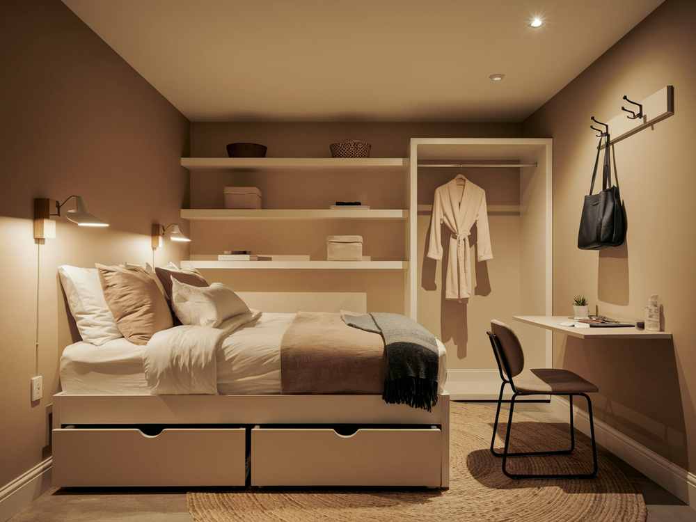 Cozy small guest bedroom with thoughtfully chosen furniture ideas, featuring a bed, wall-mounted desk, and open wardrobe. Shelves and hooks display decor and a robe effortlessly.