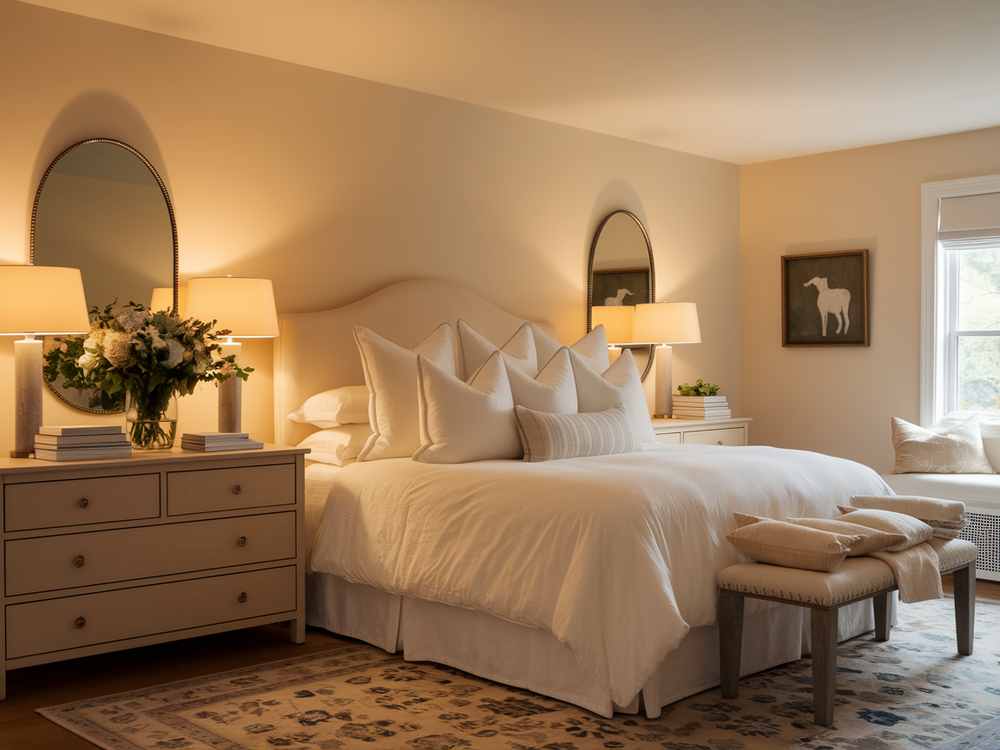 Cozy bedroom with a Feng Shui-inspired layout, featuring a large bed, neutral tones, twin mirrors, lamps, and floral arrangements. Light fills the room.