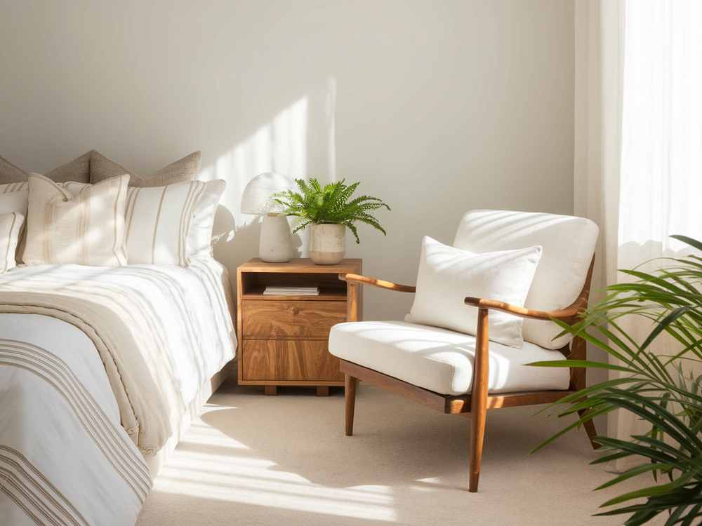 Cozy bedroom layout featuring a wooden chair, striped bedding, and a bedside table adorned with plants. The soft natural light complements the feng shui, creating a serene atmosphere.