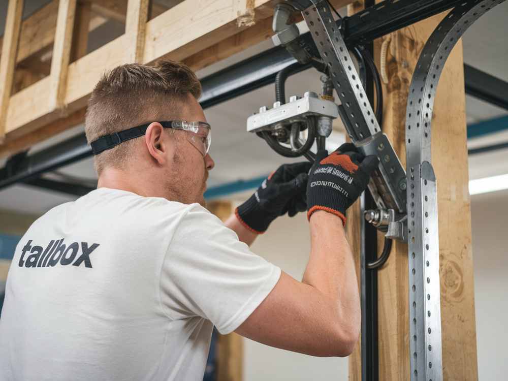 Wearing safety glasses and gloves, a person installs a garage door opener on a wooden frame, ensuring it operates smoothly. Here are some tips: regularly maintain the system for optimal performance and longevity.