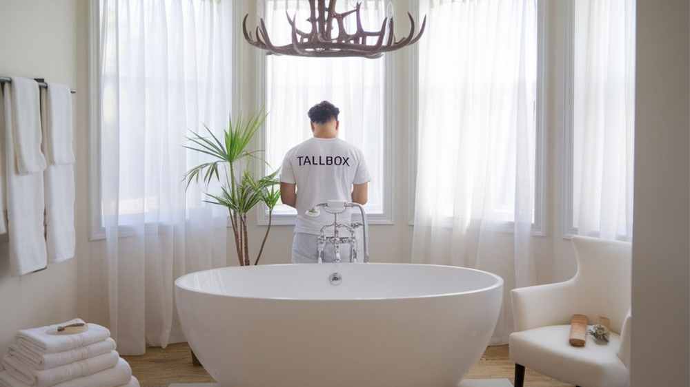 A person in a TALLBOX shirt stands by windows behind a freestanding bathtub in this bright, airy bathroom, exemplifying luxury renovations on a budget.