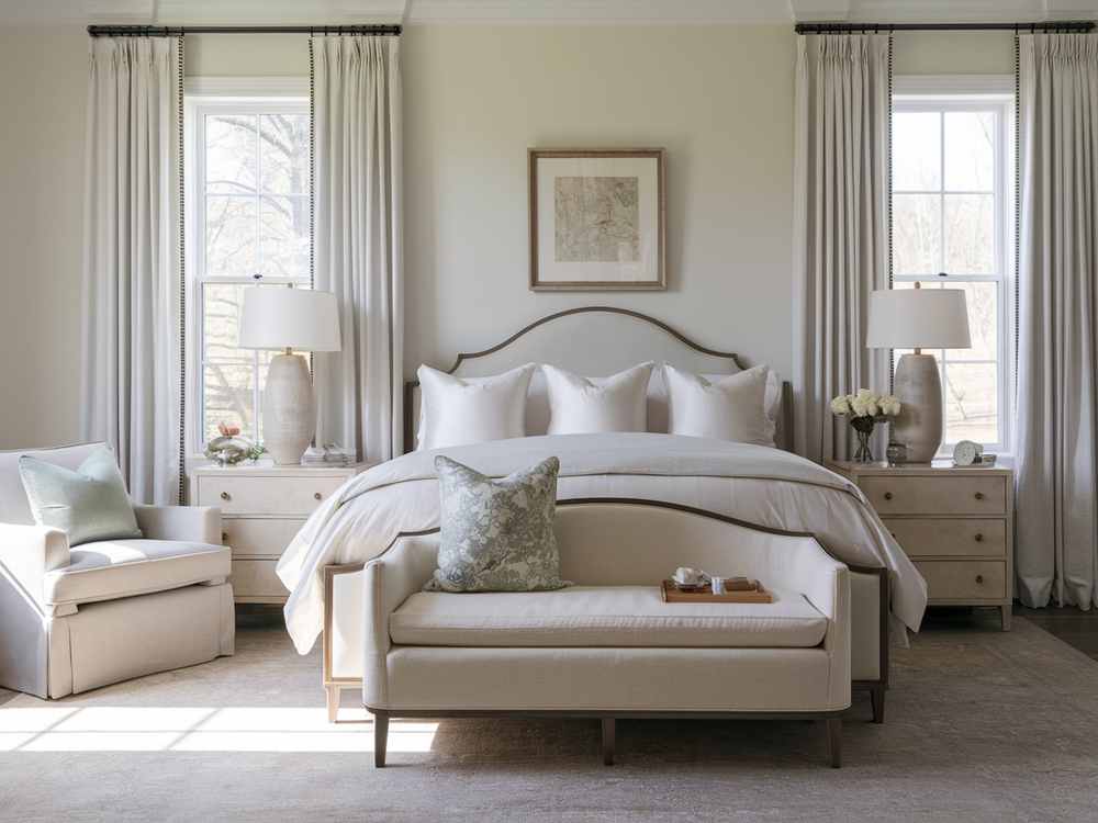 Experience a luxury hotel-inspired guest bedroom featuring an elegant plush white bed, two side tables with lamps, a cushioned bench, and two windows adorned with flowing curtains. Perfect for makeovers that promise comfort and style.